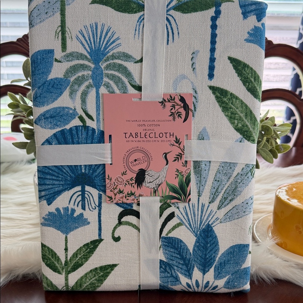 World Traveler Vibrant Blue & Green Botanical Cotton Tablecloth, NWT, 60x84